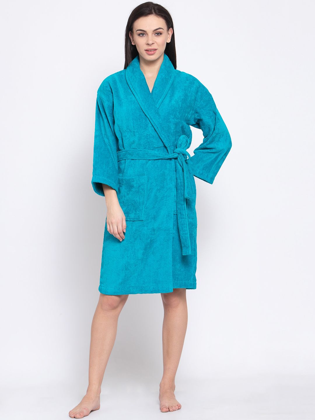 Trident Women Blue Solid Bath Robe with Belt Price in India