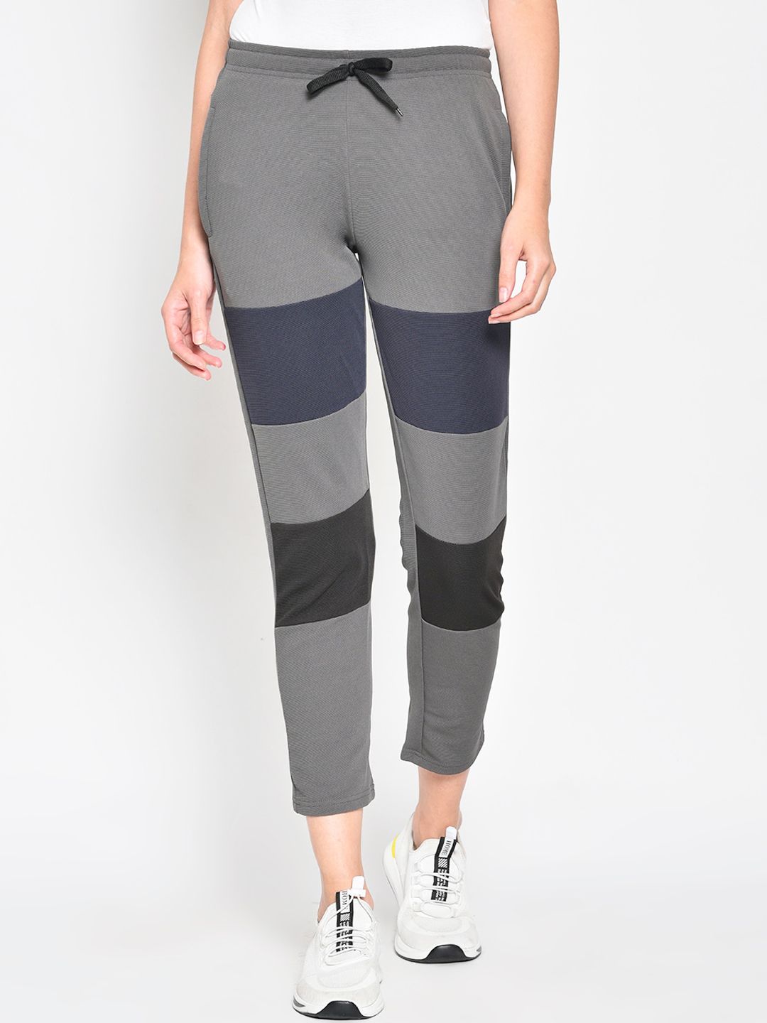 American-Elm Women Grey & Blue Colourblocked Slim-Fit Crop Track Pants Price in India