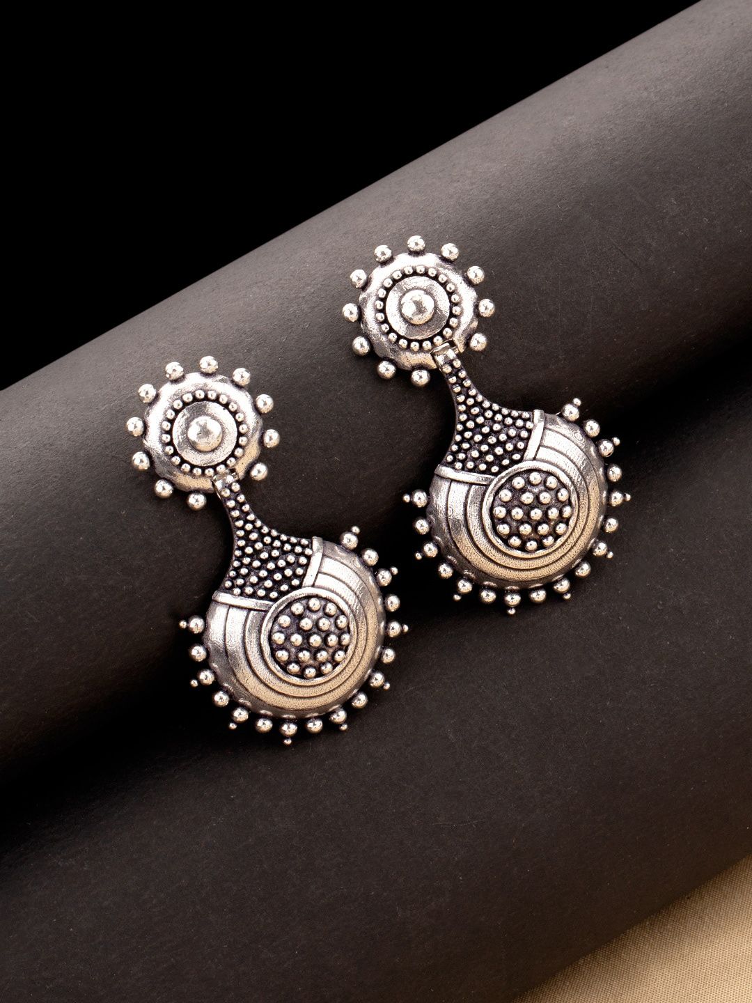 Studio Voylla Silver-Plated Black Oxidized Contemporary Jhumkas Price in India