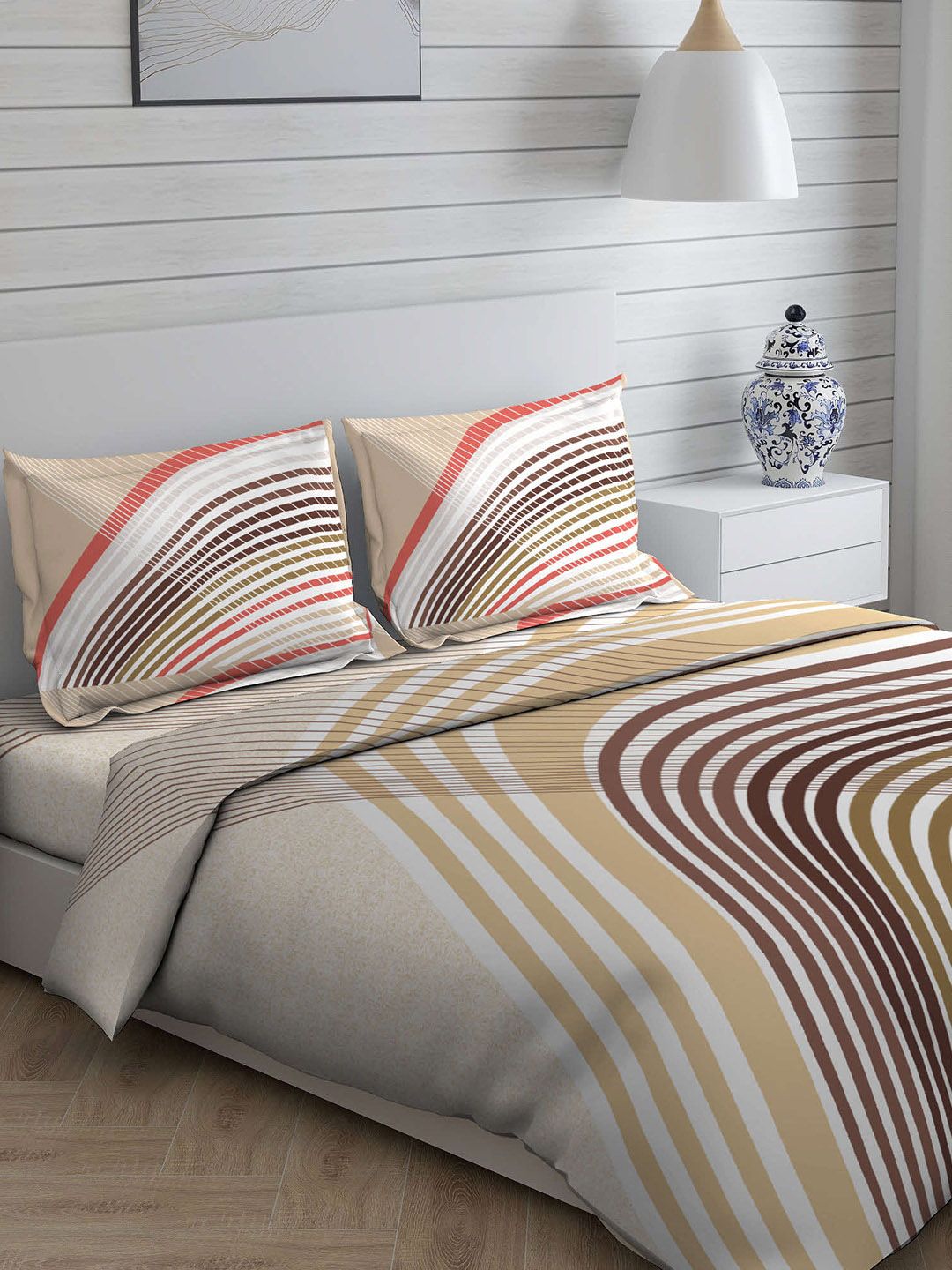 Boutique Living India Beige & Brown Striped 148 TC 120 GSM Double King Bedding Set Price in India