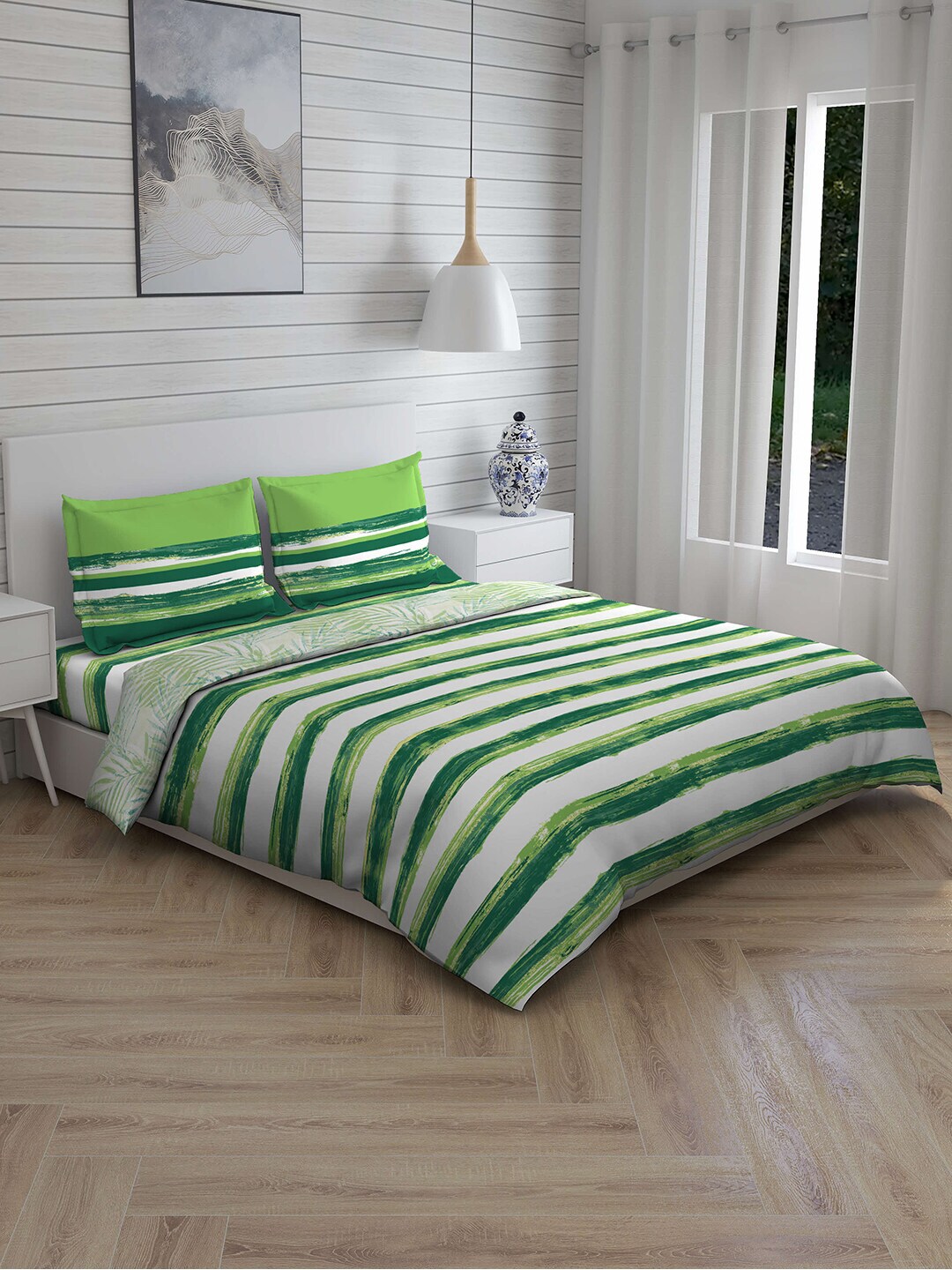 Boutique Living India Green & White Striped 148 TC 120 GSM Double King Bedding Set Price in India