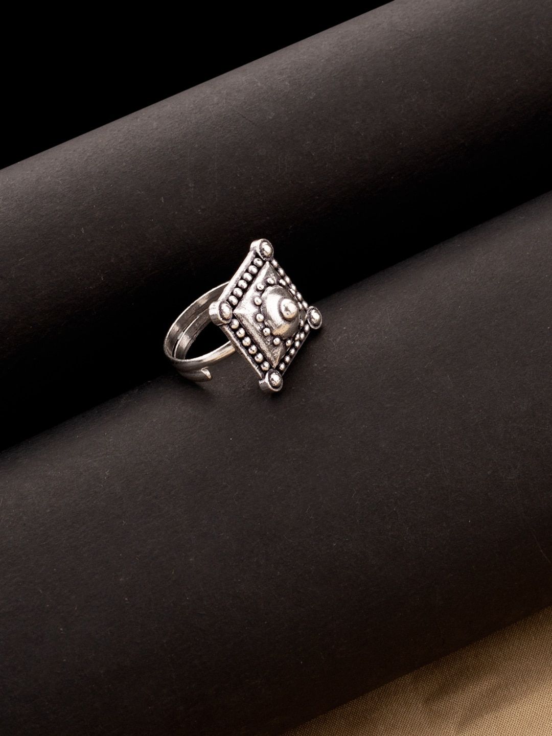 Studio Voylla Oxidised Silver-Plated Adjustable Rava Ball Square Statement Finger Ring Price in India