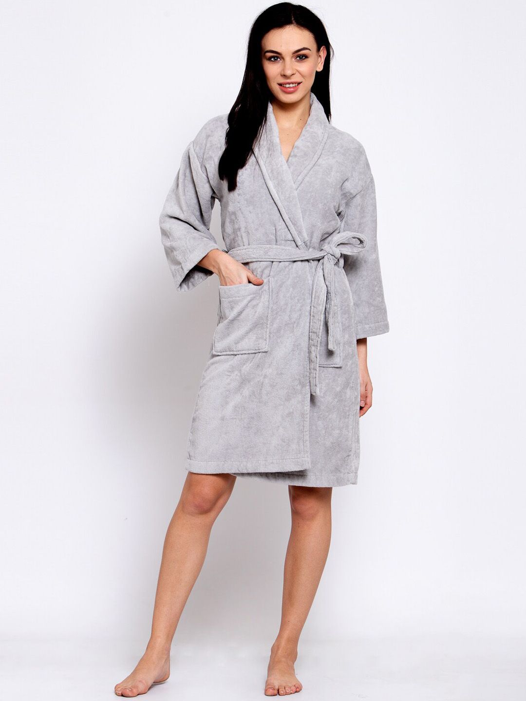 Trident Women Grey Melange Solid Bath Robe with Belt Price in India