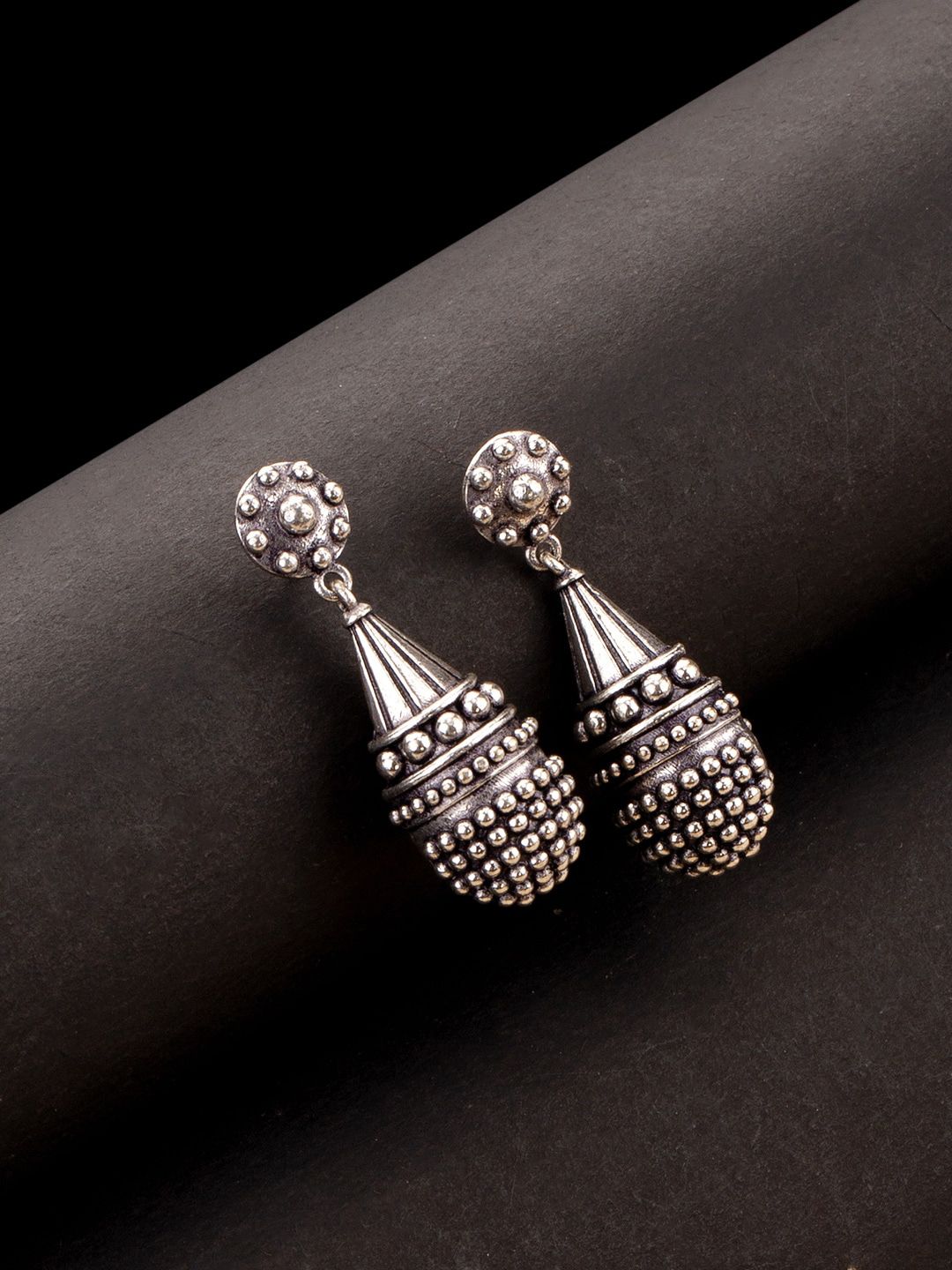 Studio Voylla Silver-Plated Black Oxidized Contemporary Drop Earrings Price in India