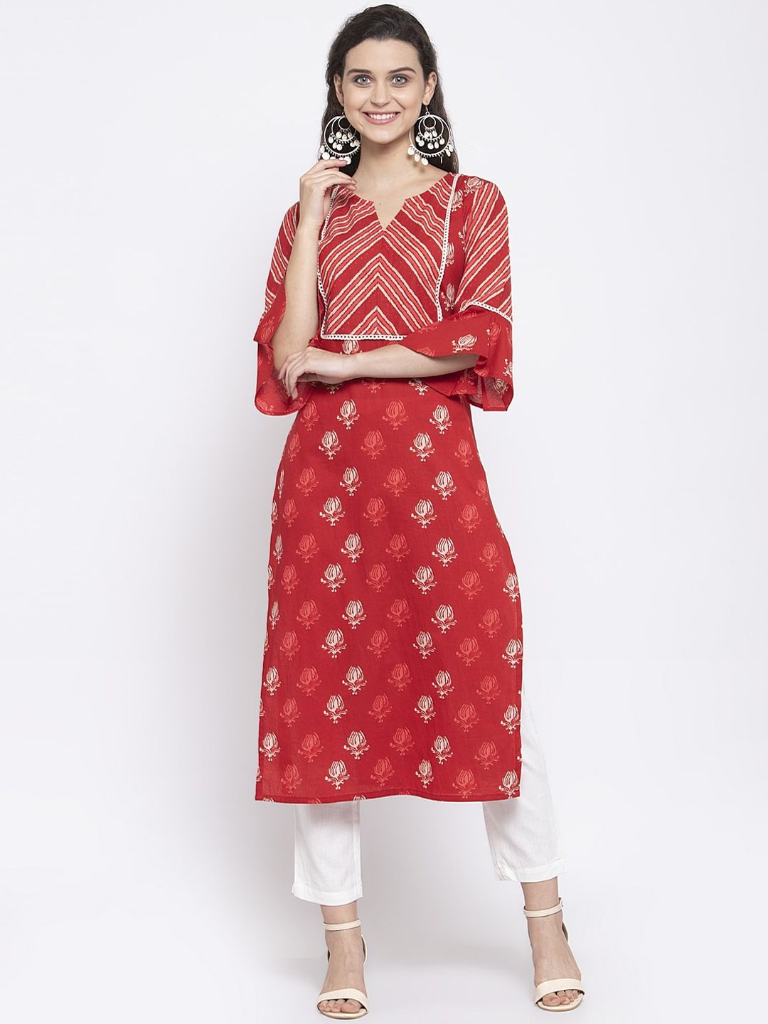 Indibelle Women Red & Off White Ethnic Motifs Printed Bell Sleeves Kurta Price in India