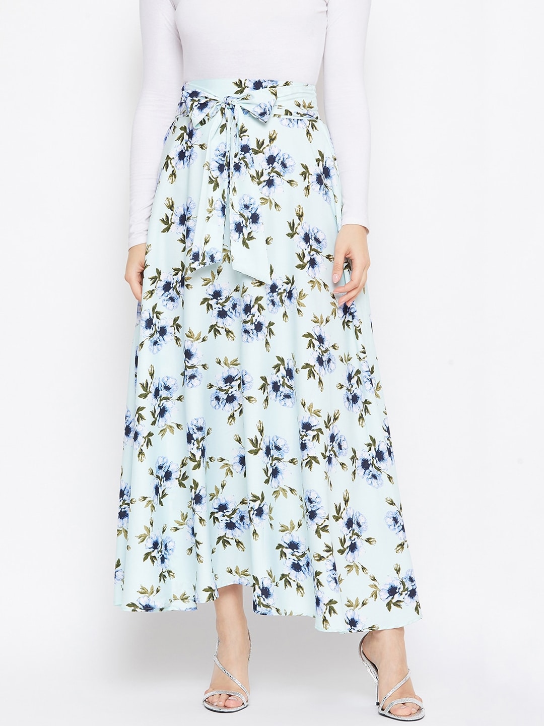 Berrylush Green & Blue Printed Flared Maxi Skirt Price in India