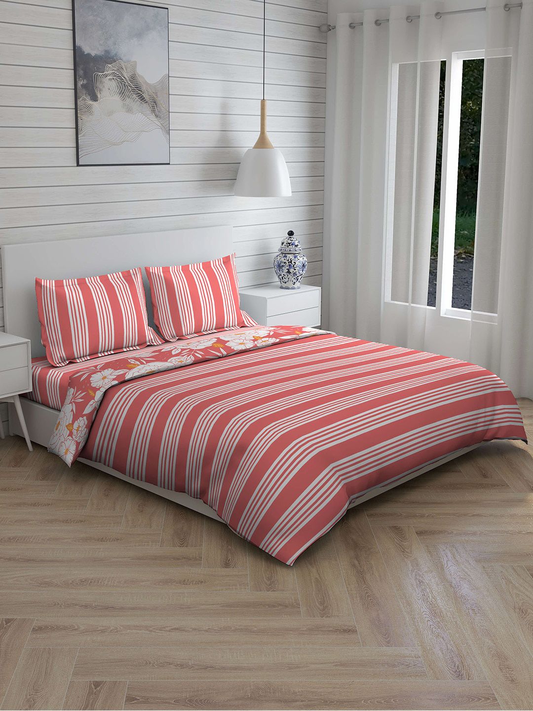 Boutique Living India Coral Pink & White Striped 148 TC 120 GSM Double King Bedding Set Price in India