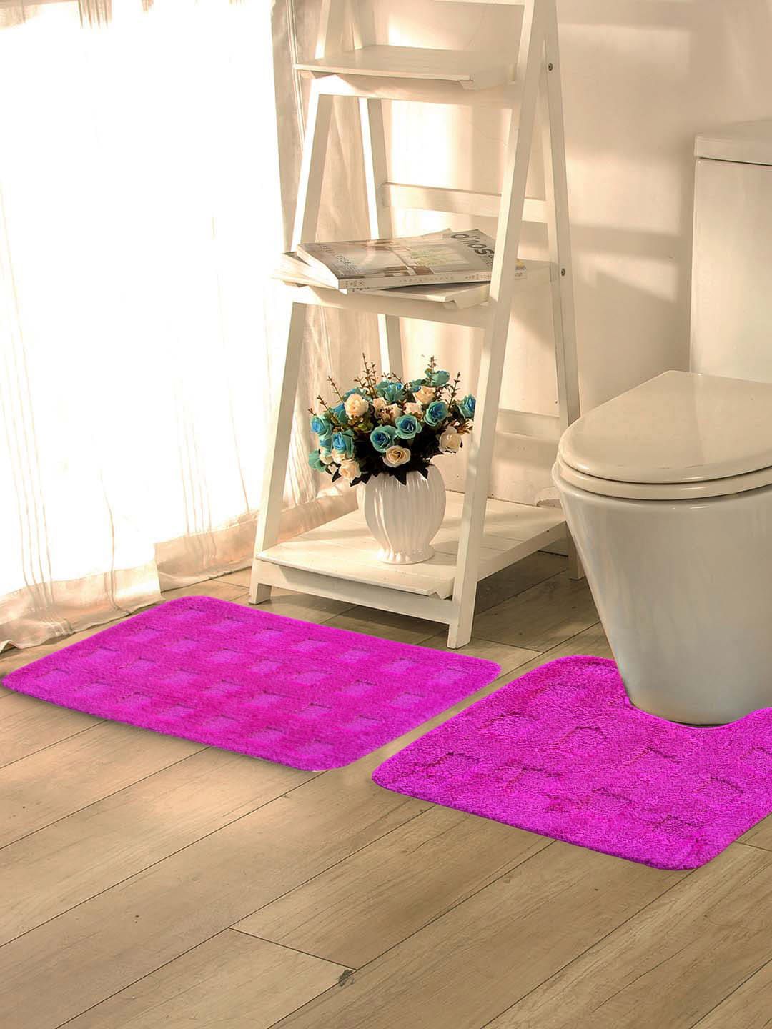 Lushomes Set of 2 Pink Self-Checked Anti-Slip Bath Rugs Price in India