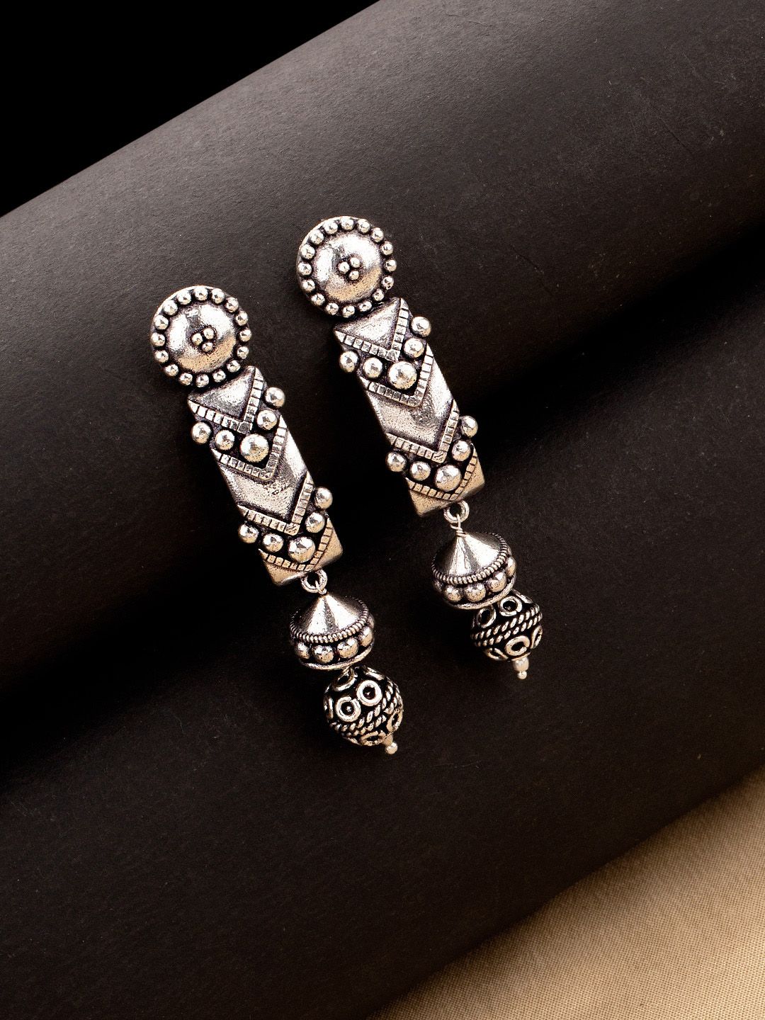 Studio Voylla Silver-Plated Black Oxidised Contemporary Drop Earrings Price in India