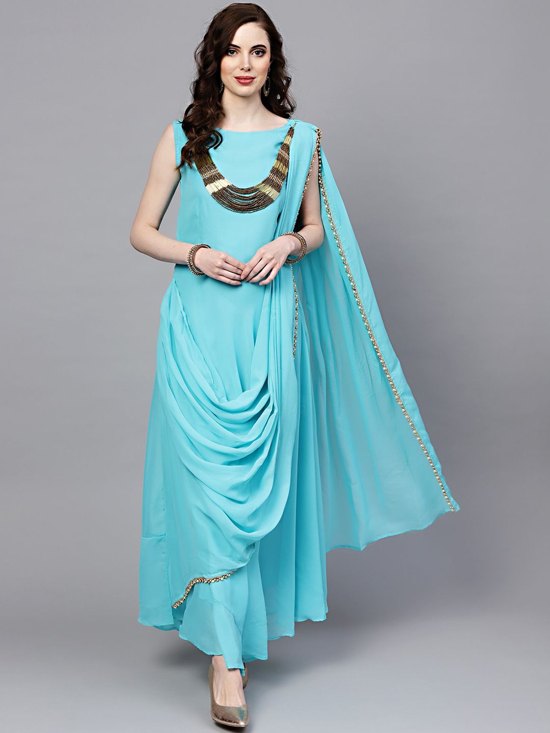 Chhabra 555 Blue Maxi Draped Dress with Attached Necklace and Dupatta Price in India