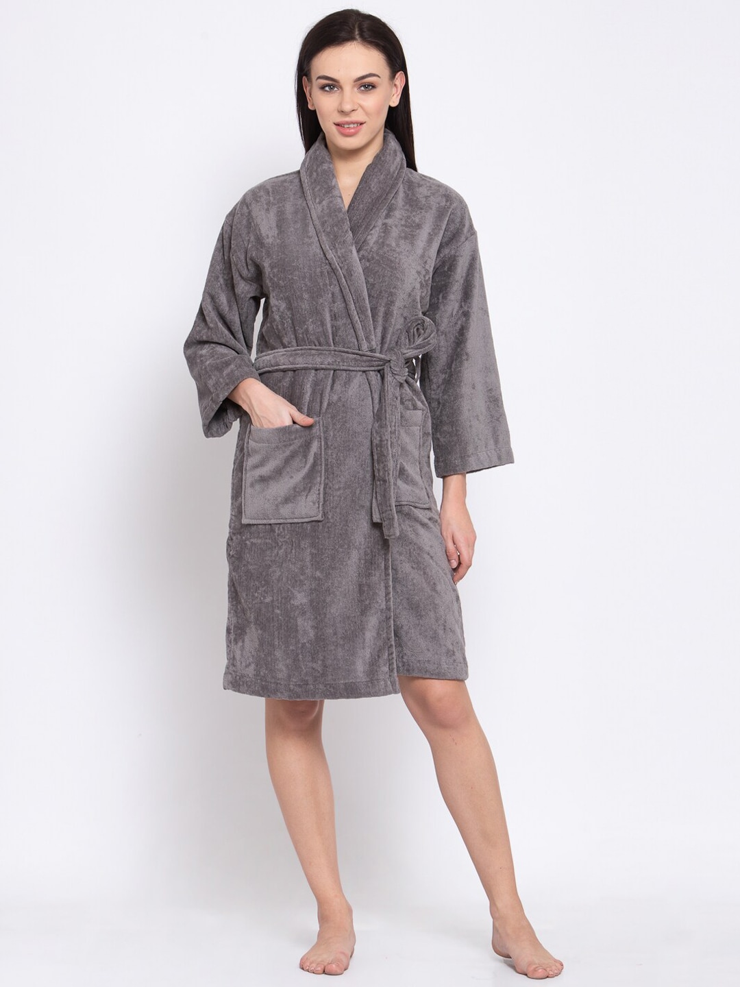 Trident Women Grey Solid Bath Robe with Belt Price in India