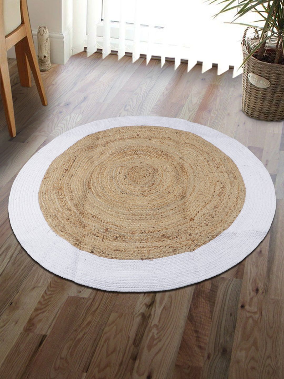 HomeStorie Beige & White Natural Jute Sustainable Round Floor Carpet Price in India