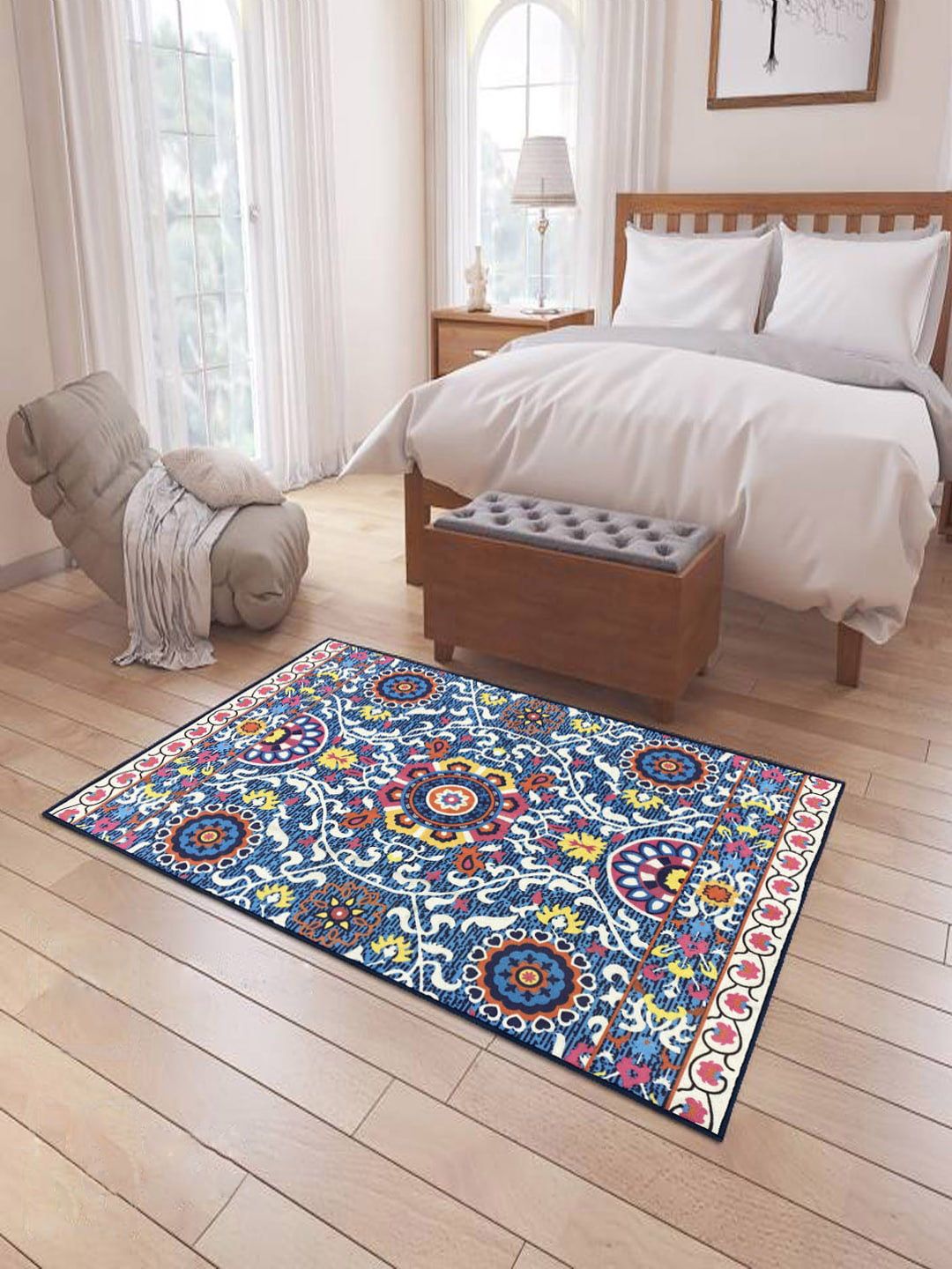 Status Blue & White Ethnic Motifs Printed Anti-Skid Carpet Price in India