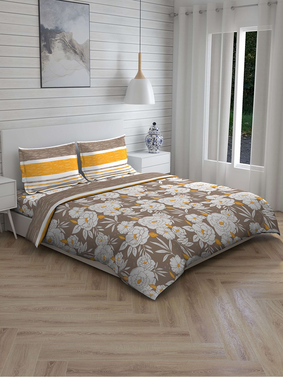 Boutique Living India Grey & Brown Printed Double King Bedding Set Price in India