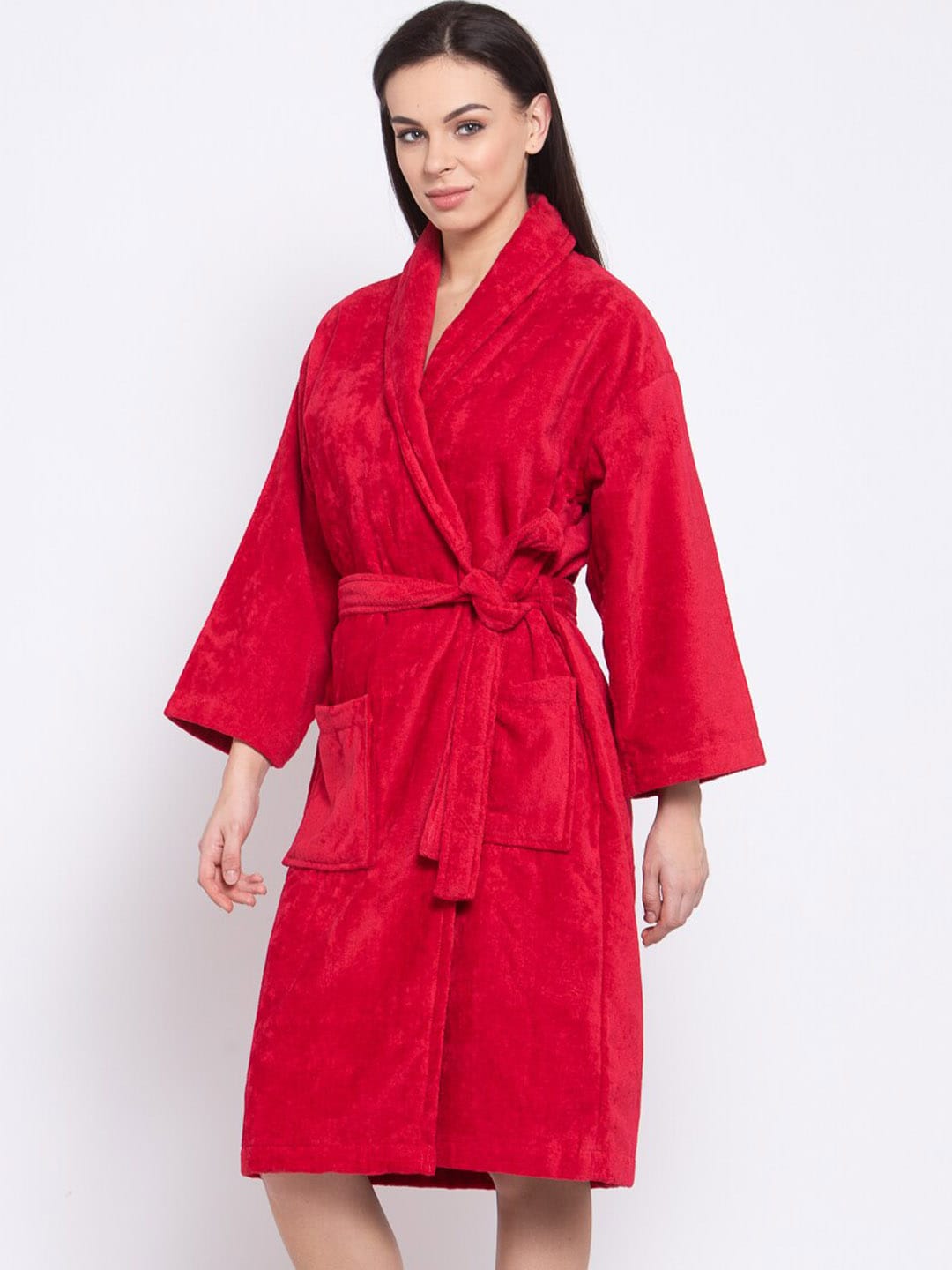 Trident Women Red Solid Bath Robe with Belt Price in India