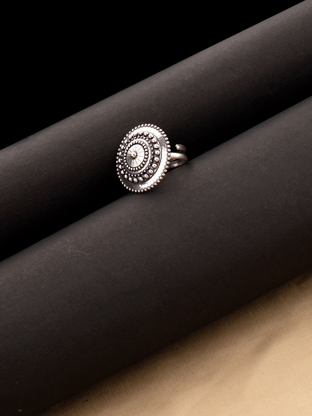 Studio Voylla Oxidised Silver-Plated Rava Ball Classy Statement Adjustable Finger Ring Price in India