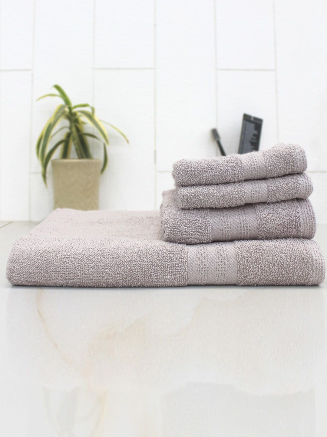 AVI Living Set Of 4 Grey Solid 400 GSM Quick Dry Cotton Anti-Microbial Towel Set Price in India