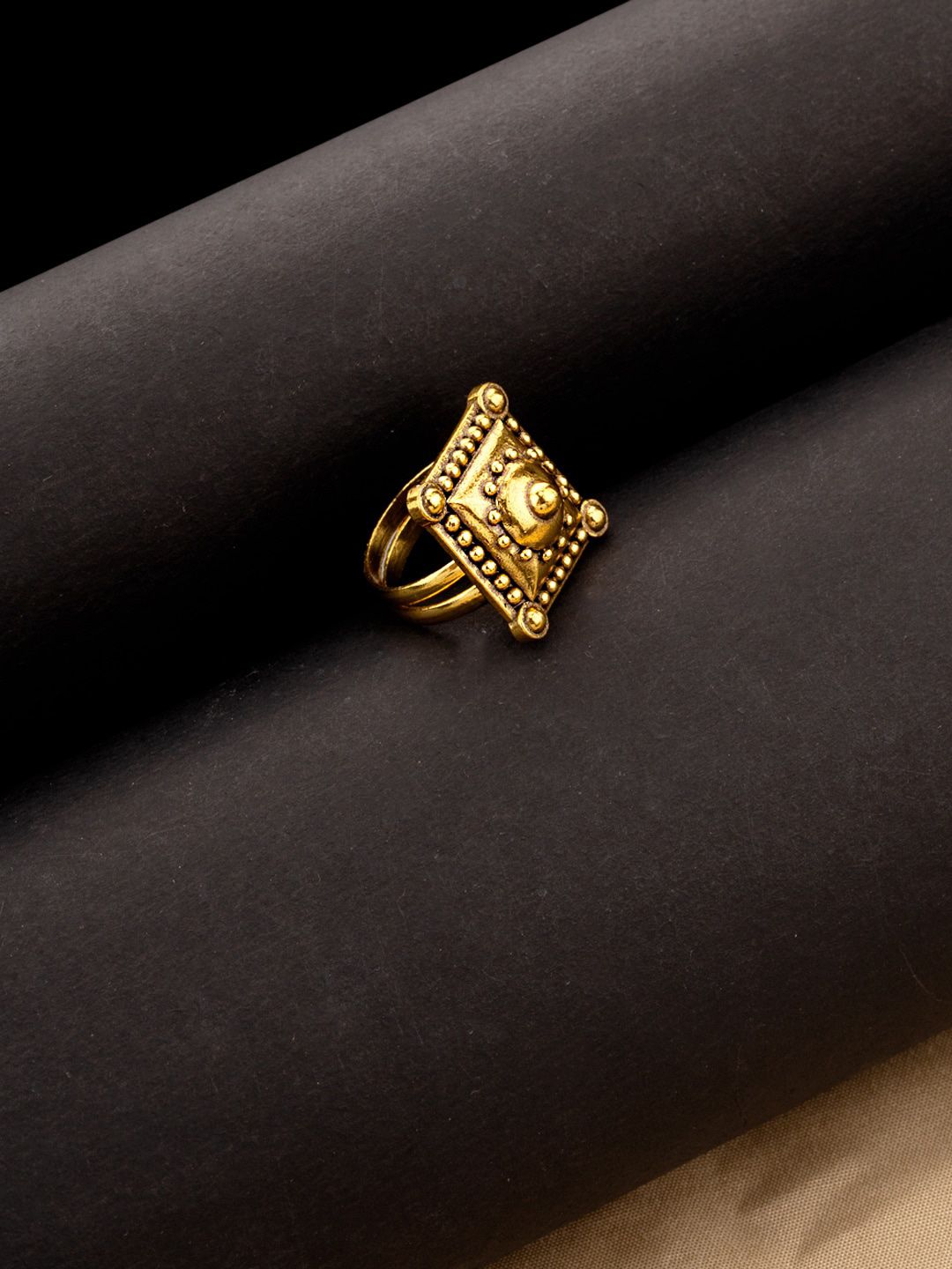 Studio Voylla Antique Gold-Plated Rava Ball Design Square-Shaped Adjustable Finger Ring Price in India
