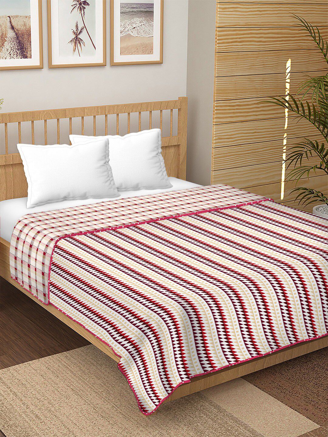 BELLA CASA Red & White Geometric AC Room 180 GSM Double Bed Dohar Price in India