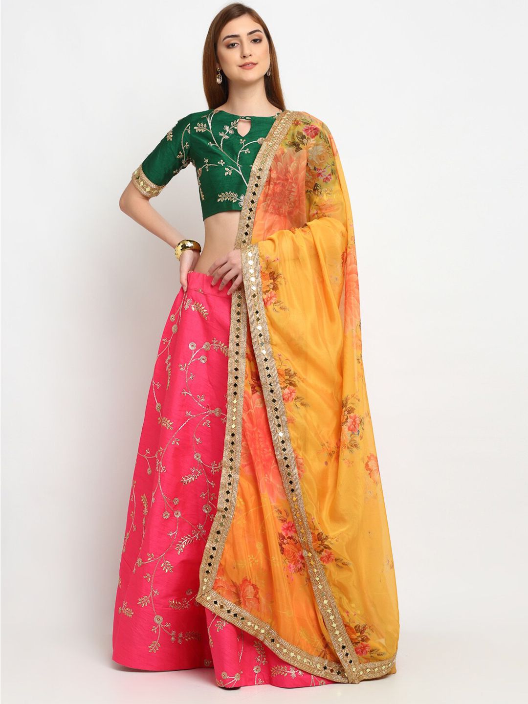 panchhi Pink & Green Embroidered Semi-Stitched Lehenga & Unstitched Blouse with Dupatta