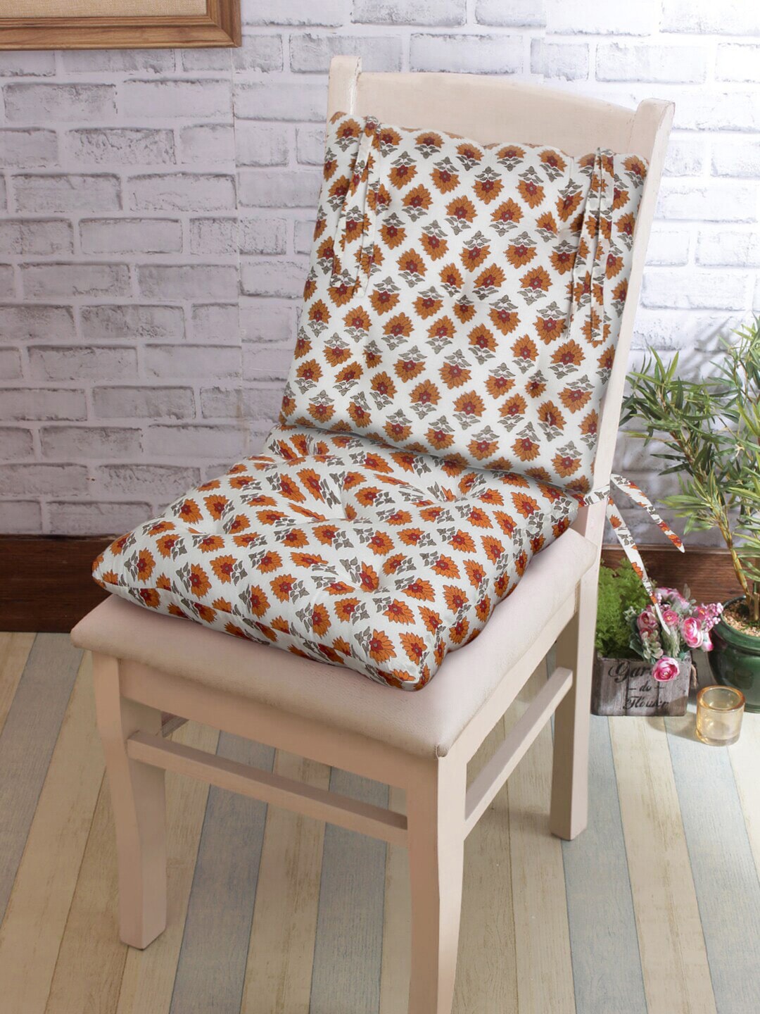 Rajasthan Decor Set Of 2 White & Mustard Yellow Printed Cotton Chair Pads Price in India