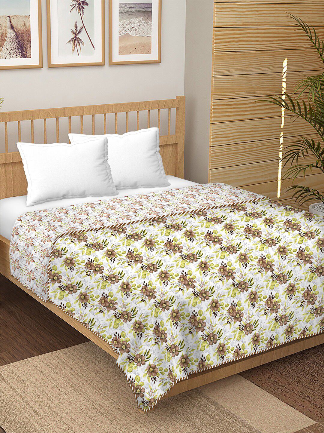 BELLA CASA White & Green Floral AC Room 180 GSM Double Bed Dohar Price in India