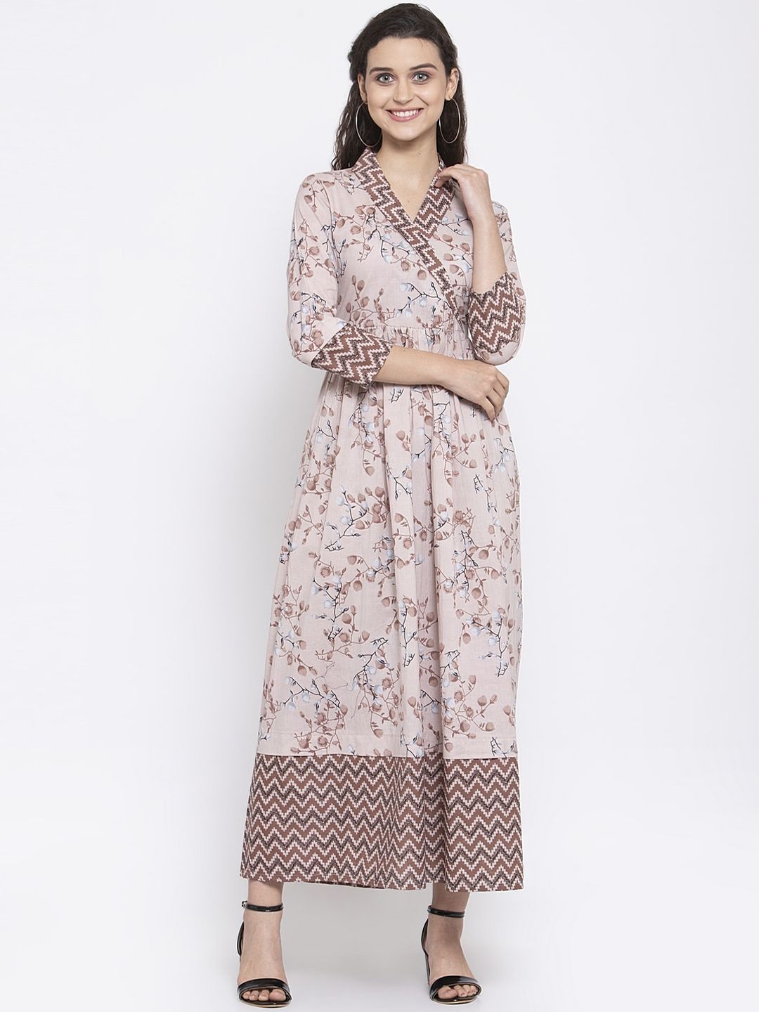 Indibelle Women Brown Floral Ethnic A-Line Maxi Dress