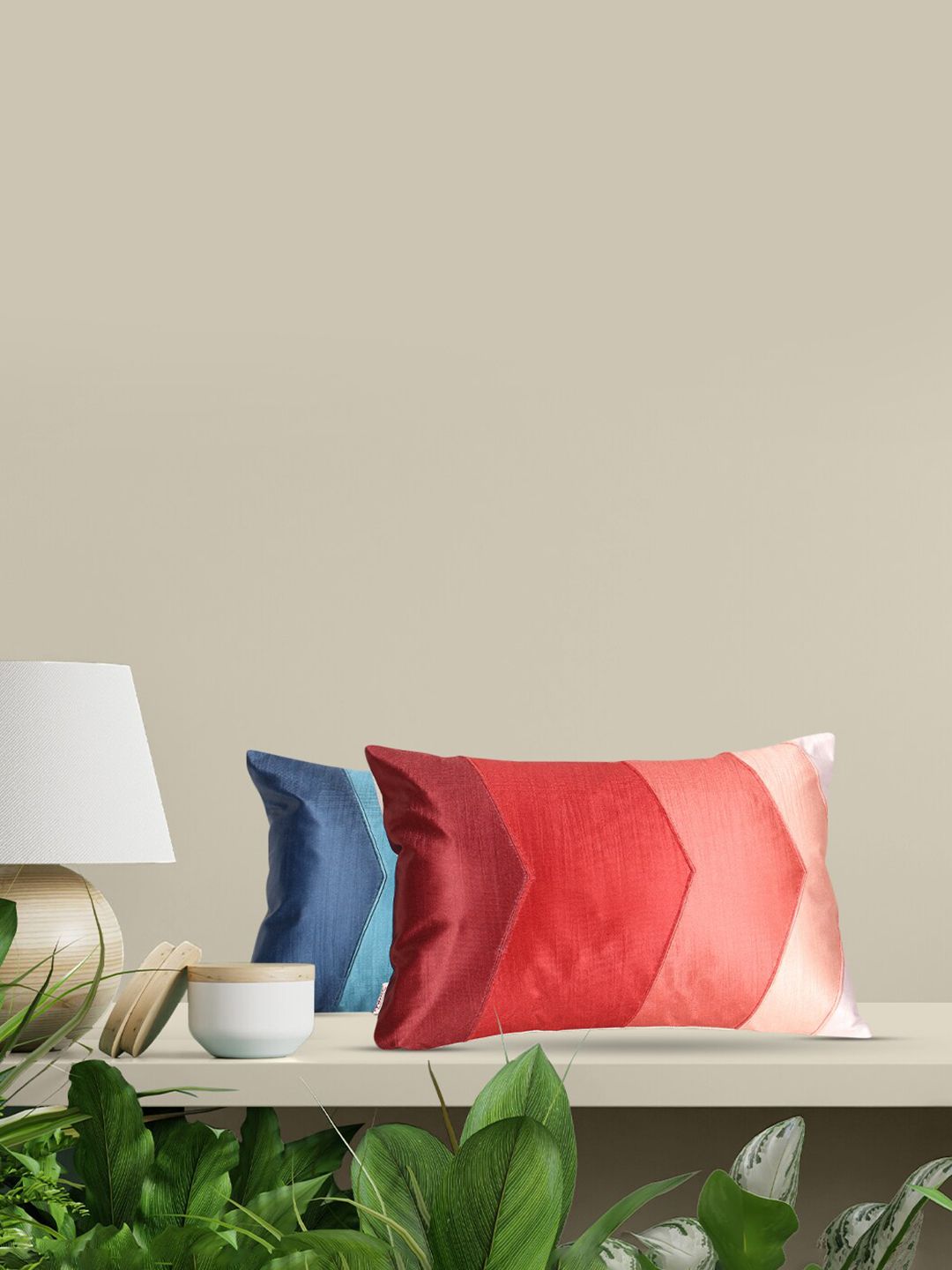 Home Blue & Maroon Set of 2 Colourblocked Rectangle Cushion Covers Price in India