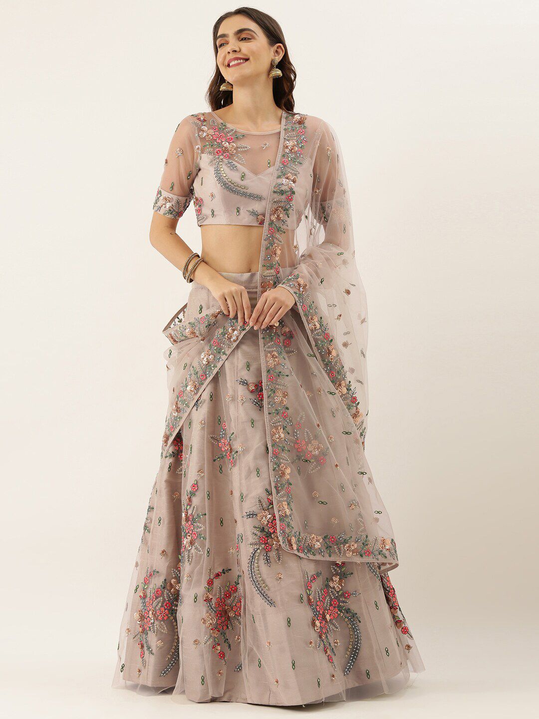 panchhi Taupe Semi-Stitched Lehenga & Blouse with Dupatta Price in India