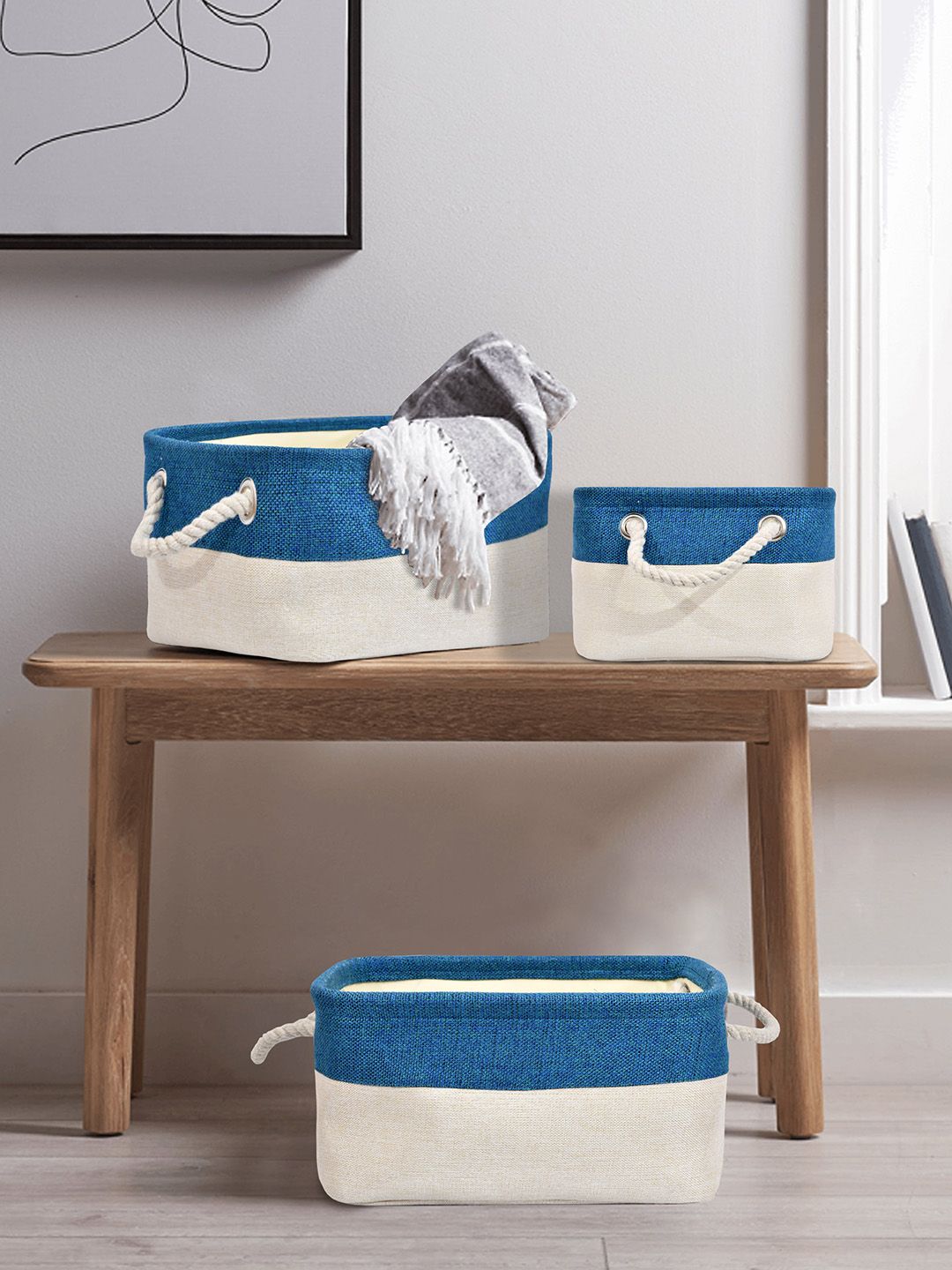 Clasiko Set Of 3 Off White & Blue Colourblocked  Handcrafted Eco-Friendly Baskets Organizers Price in India