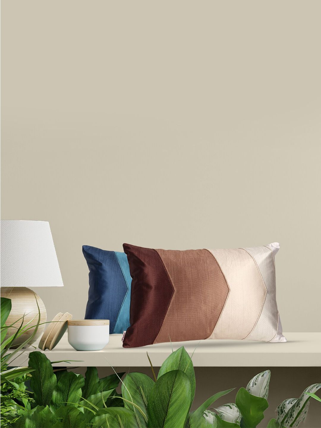 Home Set of 2 Blue & Brown Colourblocked Rectangle Cushion Covers Price in India