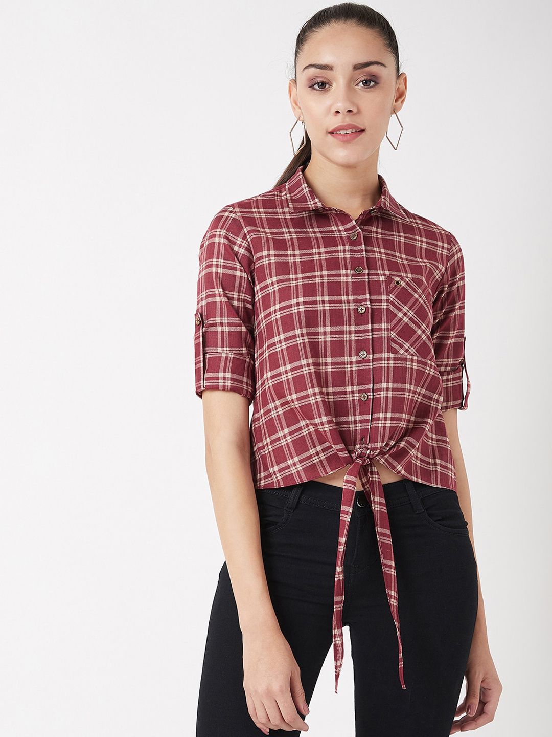 Miss Chase Women Maroon Regular Fit Checked Casual Shirt