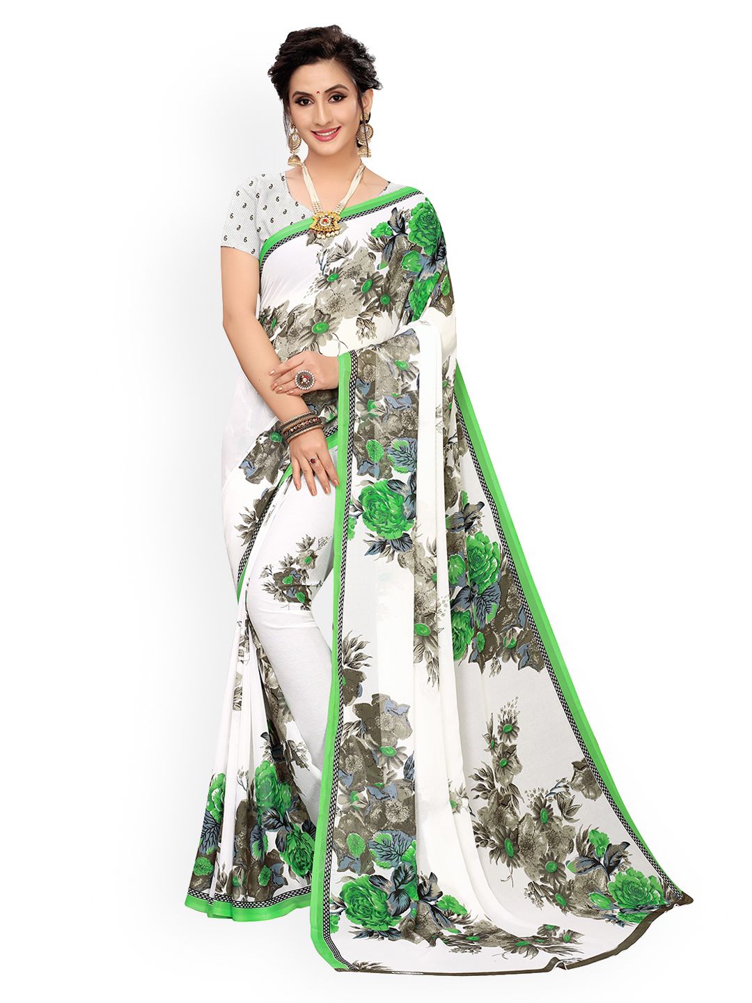 GoSriKi White & Green Pure Georgette Printed Saree