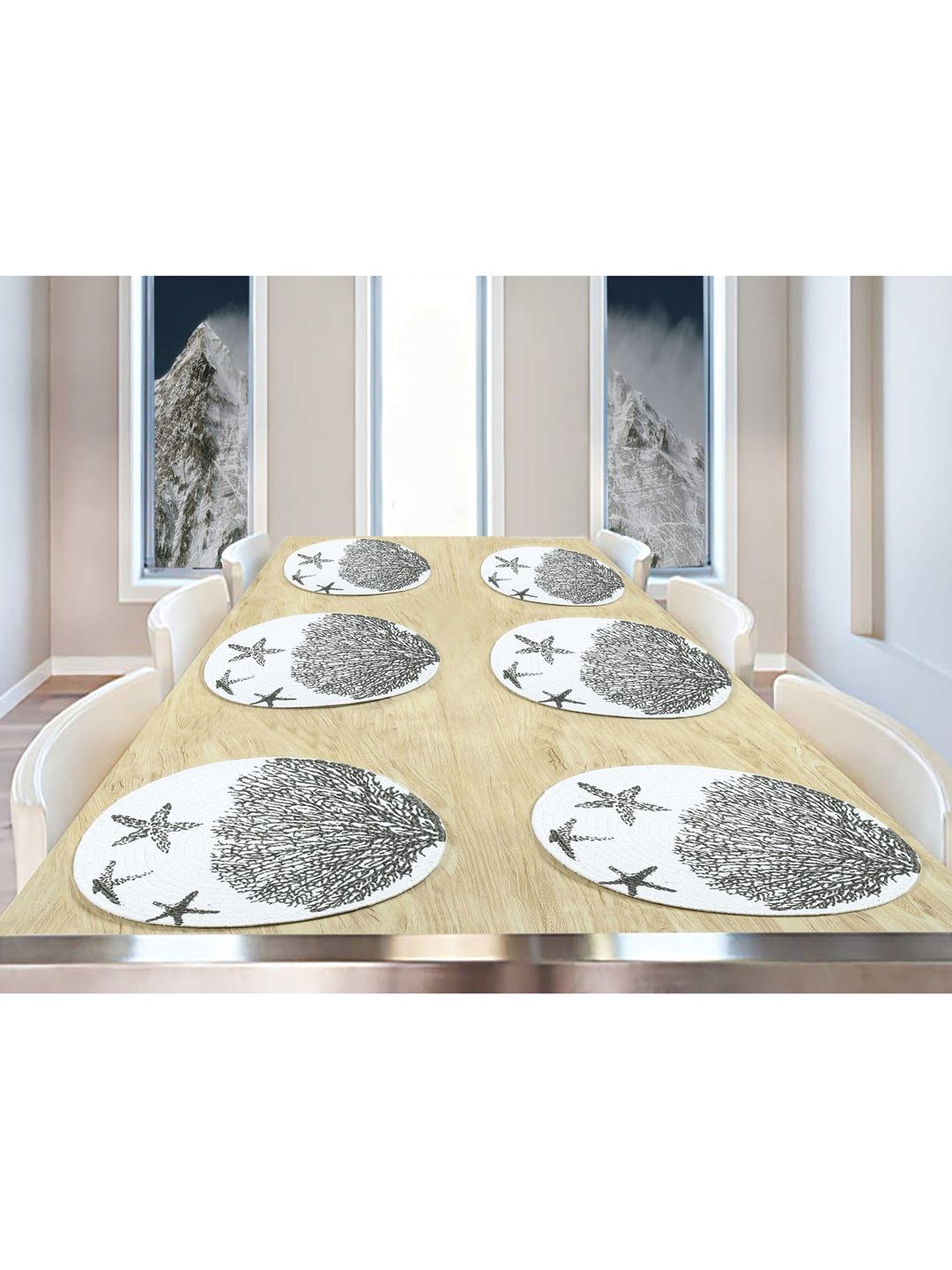 BELLA TRUE Set Of 6 White & Black Printed Pure Cotton Round Table Placemats Price in India