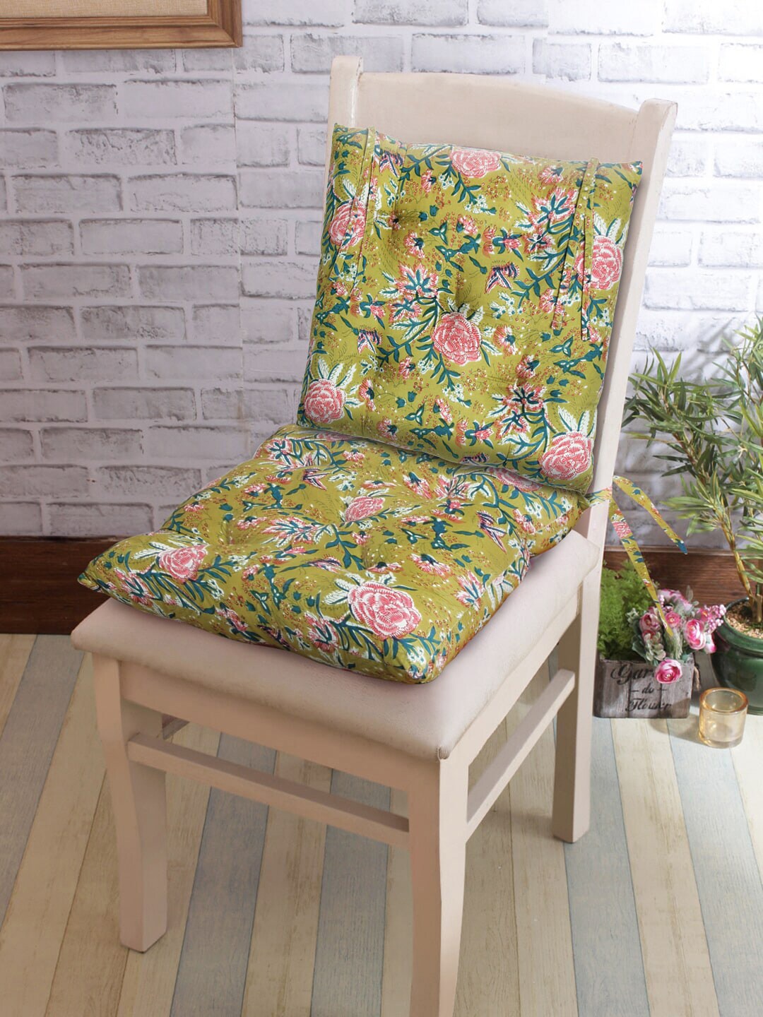 Rajasthan Decor Set of 2 Green & Pink Floral Printed Cotton Chair Pads Price in India