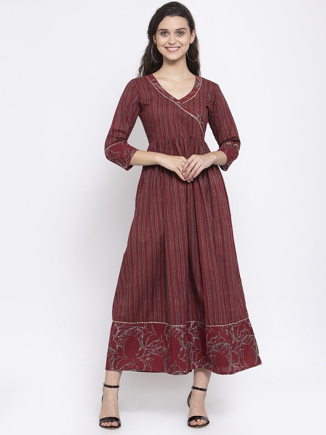 Indibelle Women Red Striped Printed A-Line Maxi Dress Price in India