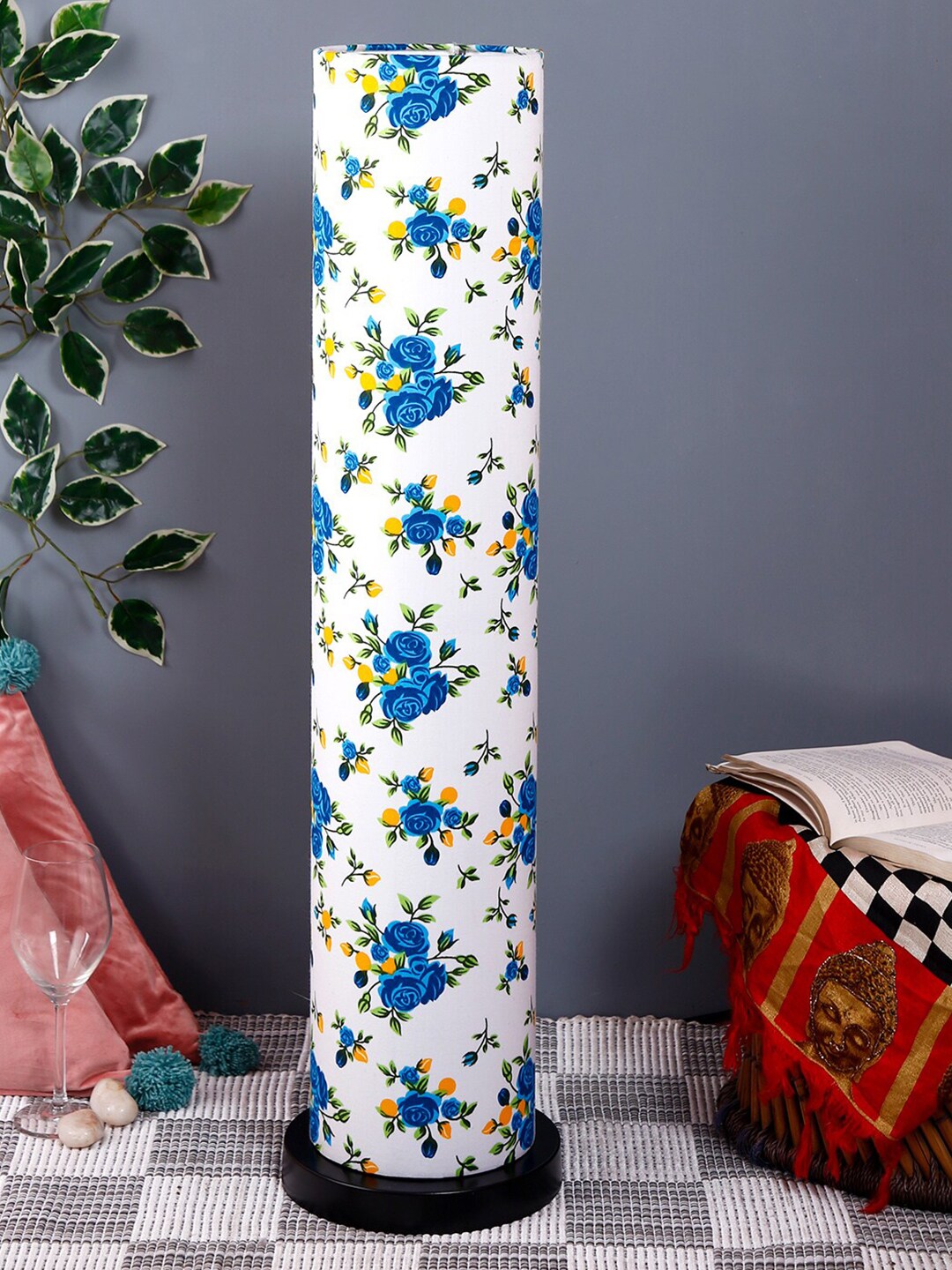 Devansh White & Blue Printed Traditional Column Lamp with Shade Price in India