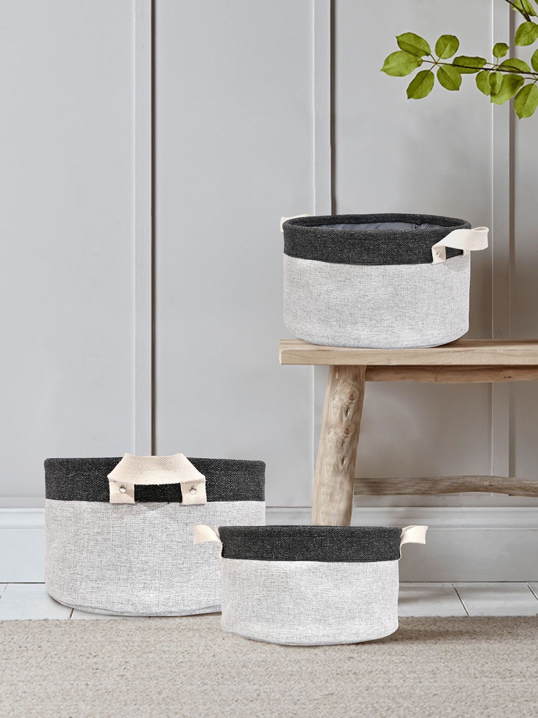 Clasiko Set of 3 Grey Melange & Black Solid Handcrafted Eco-Friendly Basket Organisers Price in India