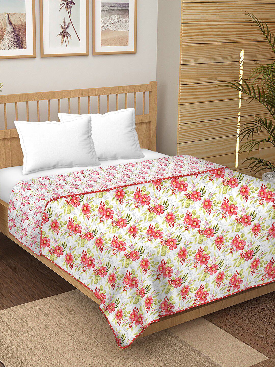 BELLA CASA White & Pink Floral AC Room 180 GSM Double Bed Dohar Price in India