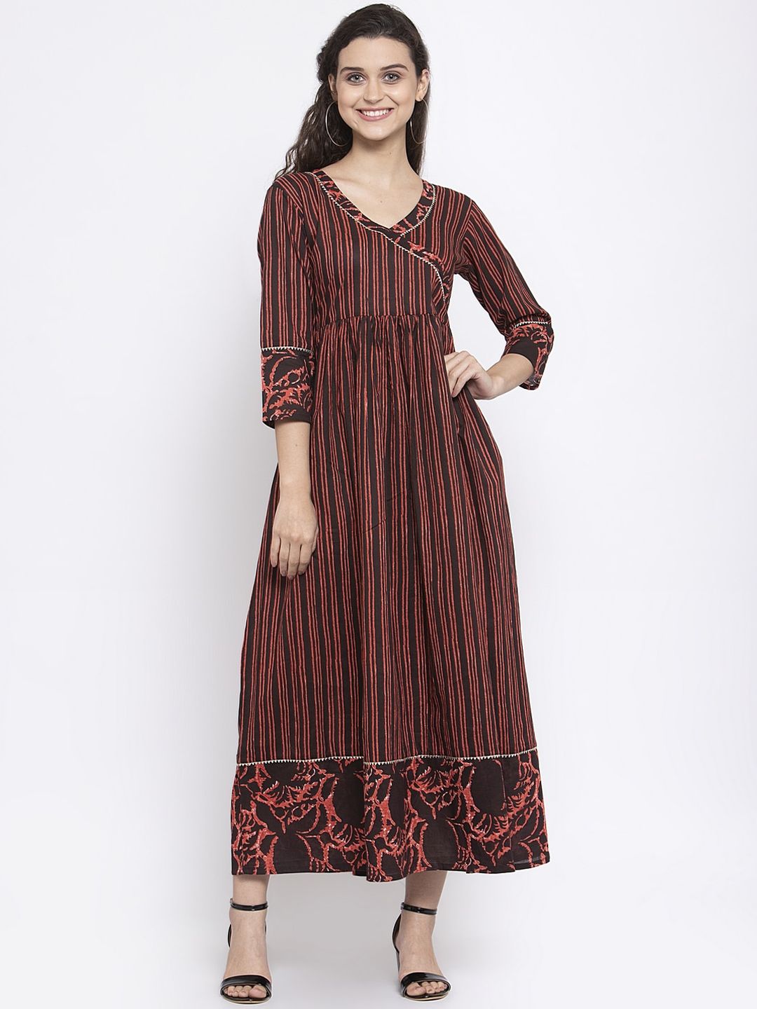 Indibelle Women Coffee Brown Striped Printed Maxi Dress Price in India