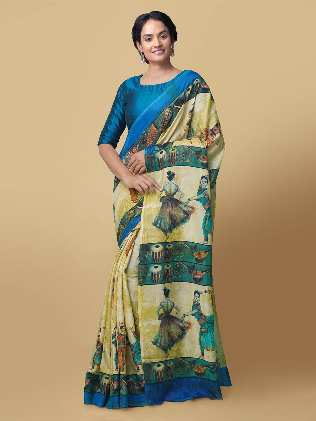 Unnati Silks Blue & Beige Silk Blend Printed Block Print Saree