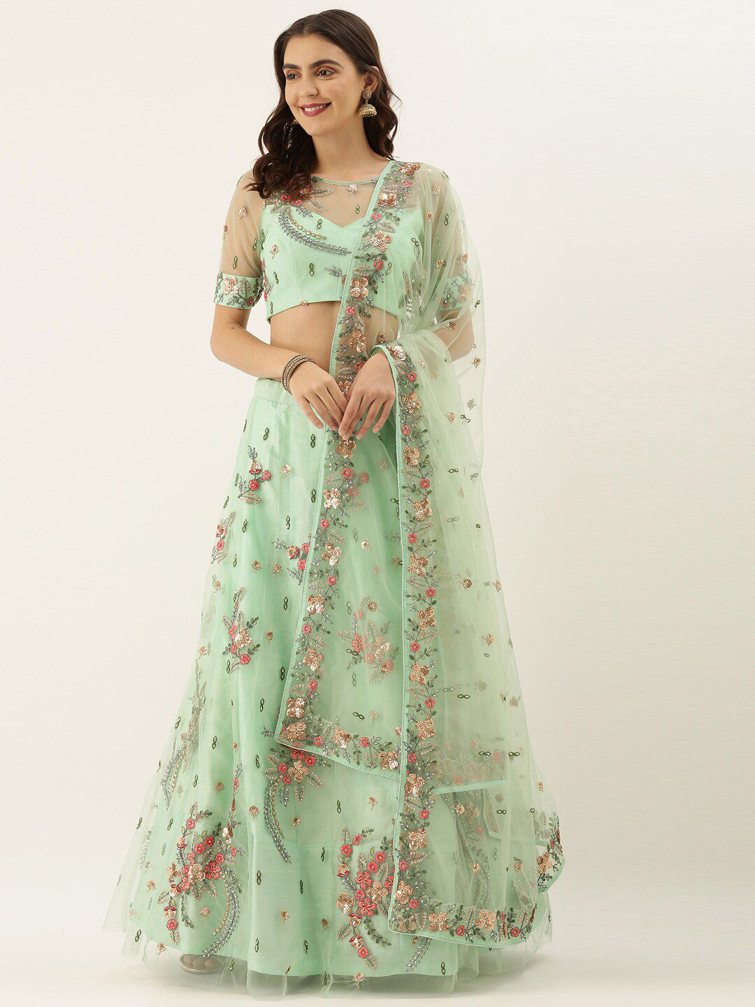 panchhi Sea Green & Pink Embroidered Semi-Stitched Lehenga & Unstitched Blouse with Dupatta Price in India