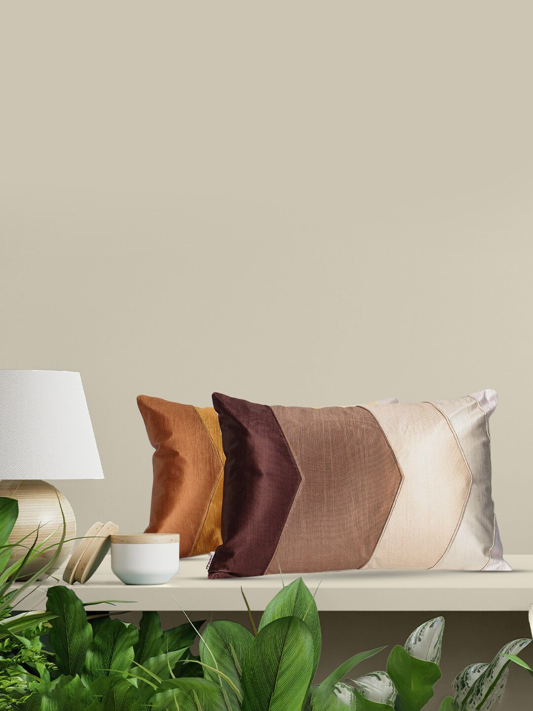 Home Mustard & Brown Set of 2 Colourblocked Rectangle Cushion Covers Price in India