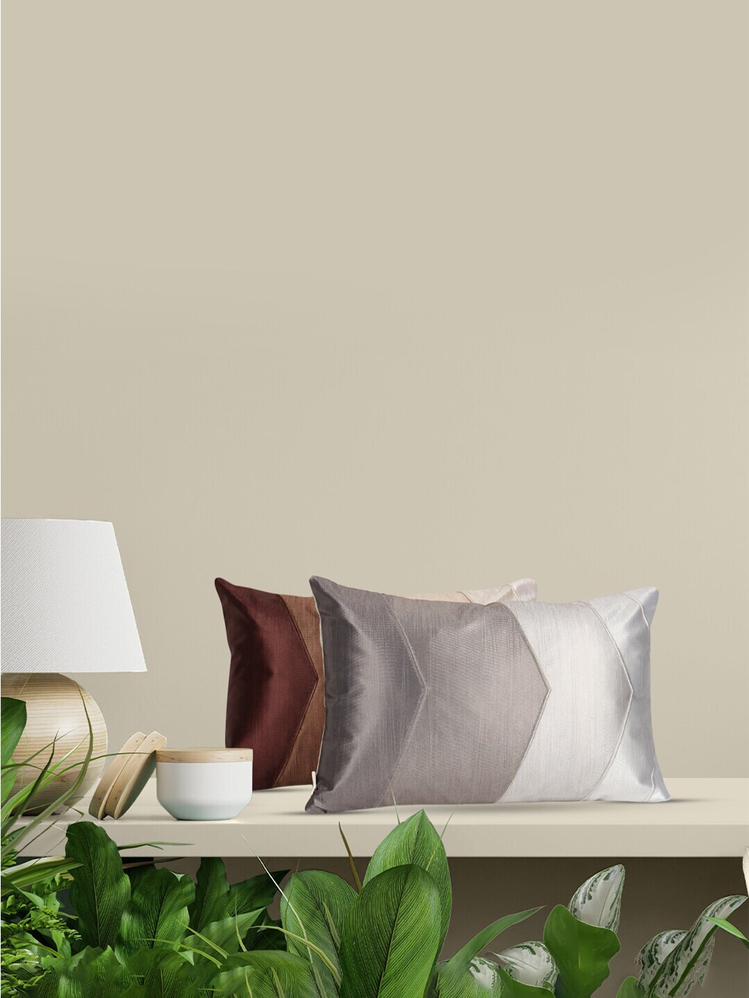 Home Brown & Grey Set of 2 Colourblocked Rectangle Cushion Covers Price in India