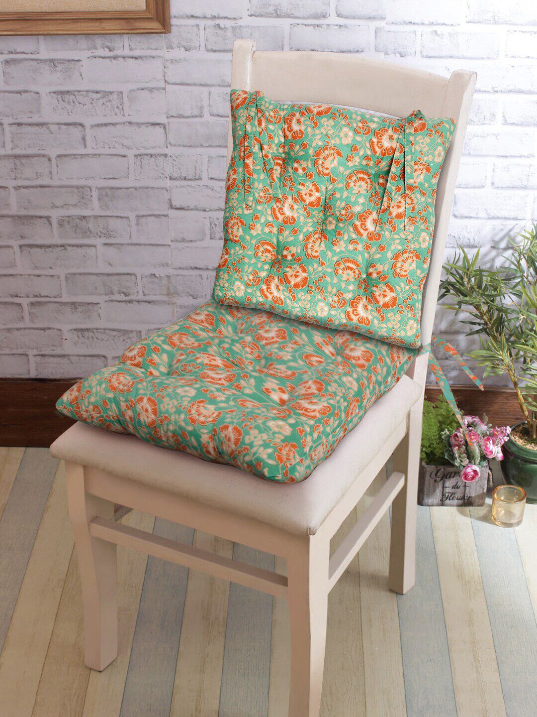 Rajasthan Decor Set Of 2 Green & Orange Floral Printed Cotton Chair Pads Price in India
