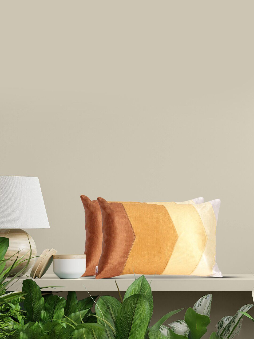 Home Gold-Toned & Brown Set of 2 Colourblocked Rectangle Cushion Covers Price in India