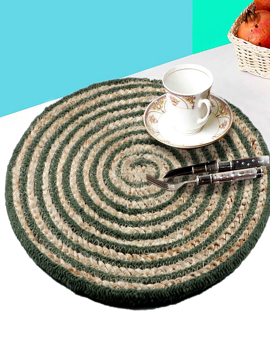 BELLA TRUE Set Of 6 Beige & Green Striped Cotton Jute Round Table Placemats Price in India
