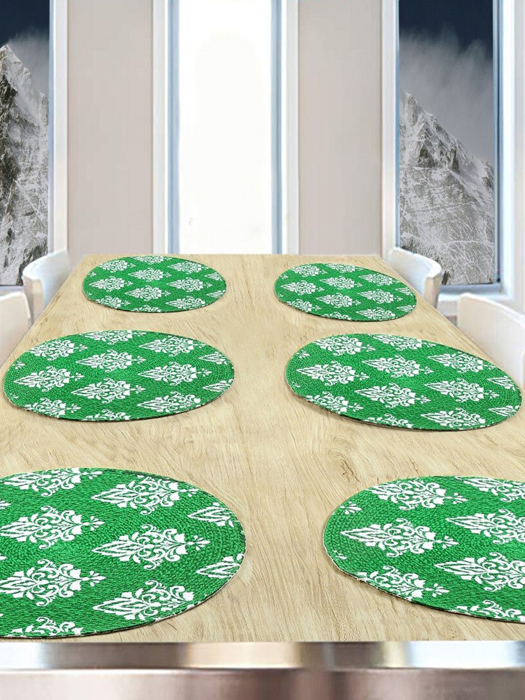 BELLA TRUE Set Of 6 Green & White Ethnic Motifs Printed Pure Cotton Round Table Placemats Price in India