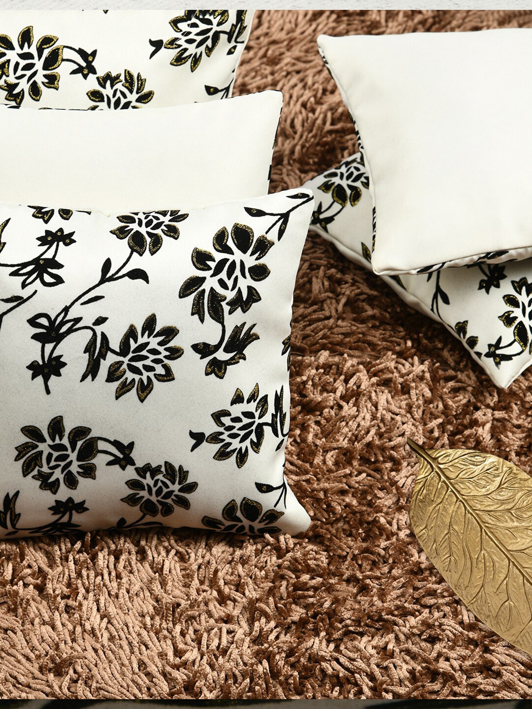 HOUZZCODE Set of 5 White & Black Floral Square Cushion Covers Price in India
