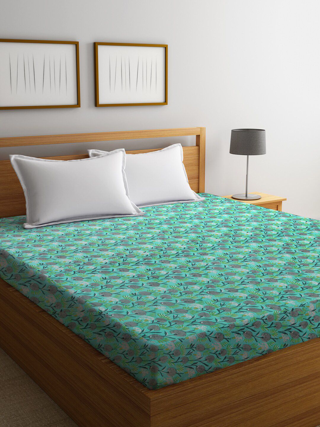 Rajasthan Decor Turquoise Blue & Green Screen Printed Cotton Quilted Double Bed Mattress Protector Price in India